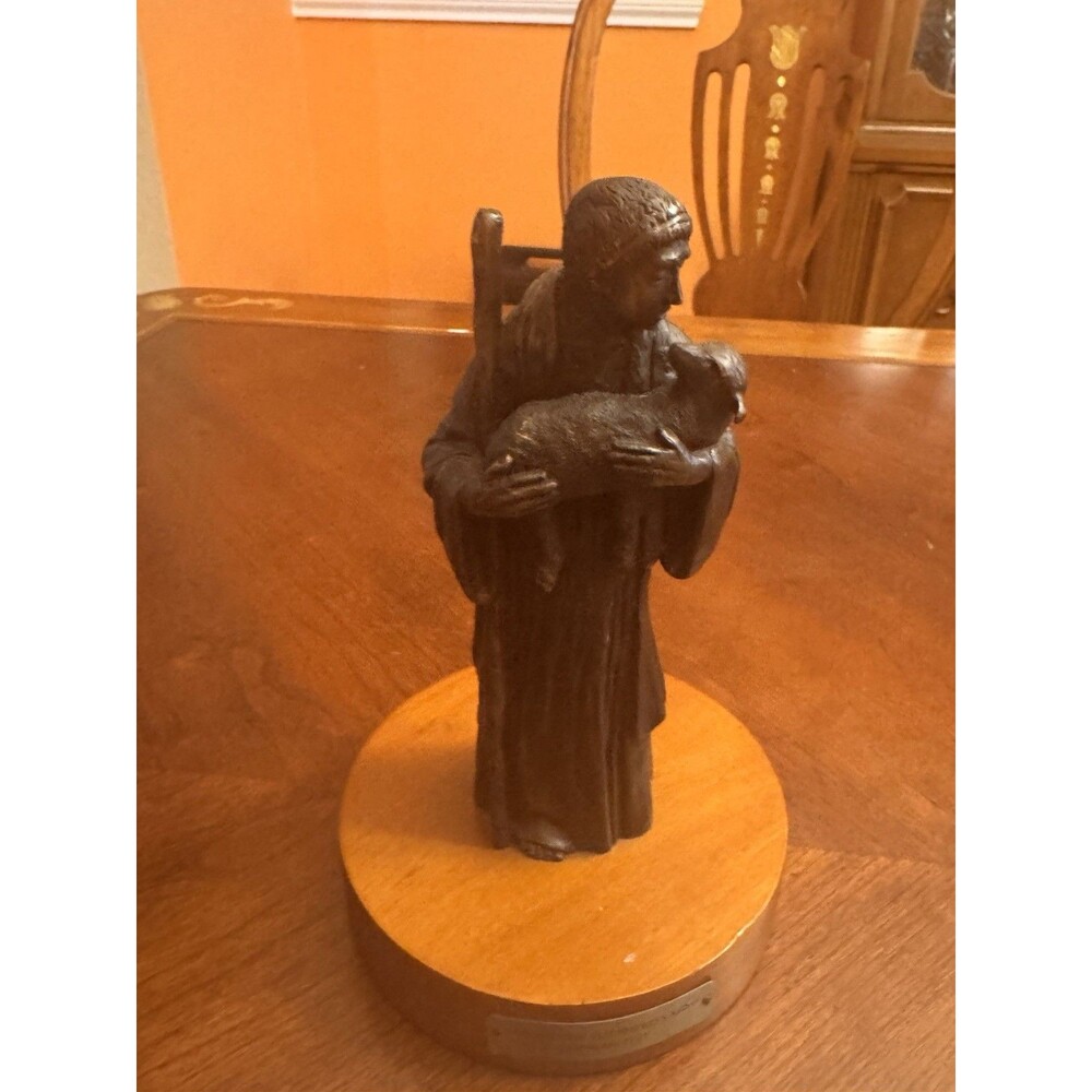Safe in Shepherd's Arms Proverbs 27:23 Bronze Sculpture Statue Shepherd Lamb 9"